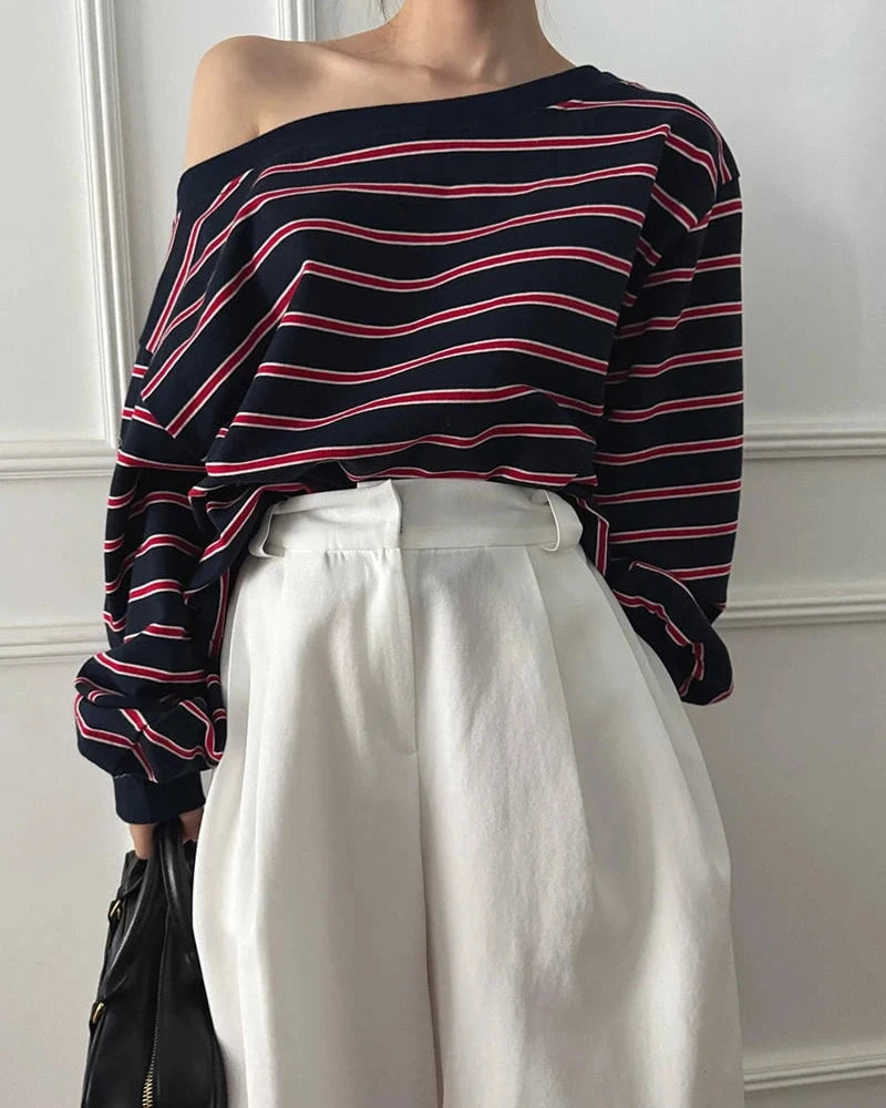 Off-shoulder striped tee