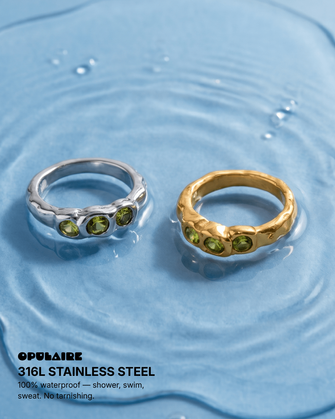 Amélie - Green stone ring - Stainless steel - Opulaire - WATERPROOF jewelry - EU 52 -