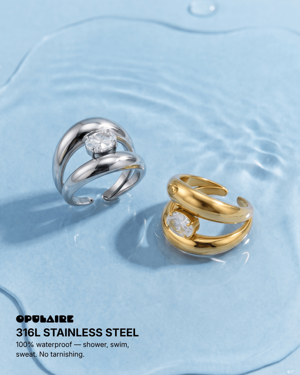 Elodie - Floating stone double band ring - Stainless steel - Opulaire - WATERPROOF jewelry - Adjustable -