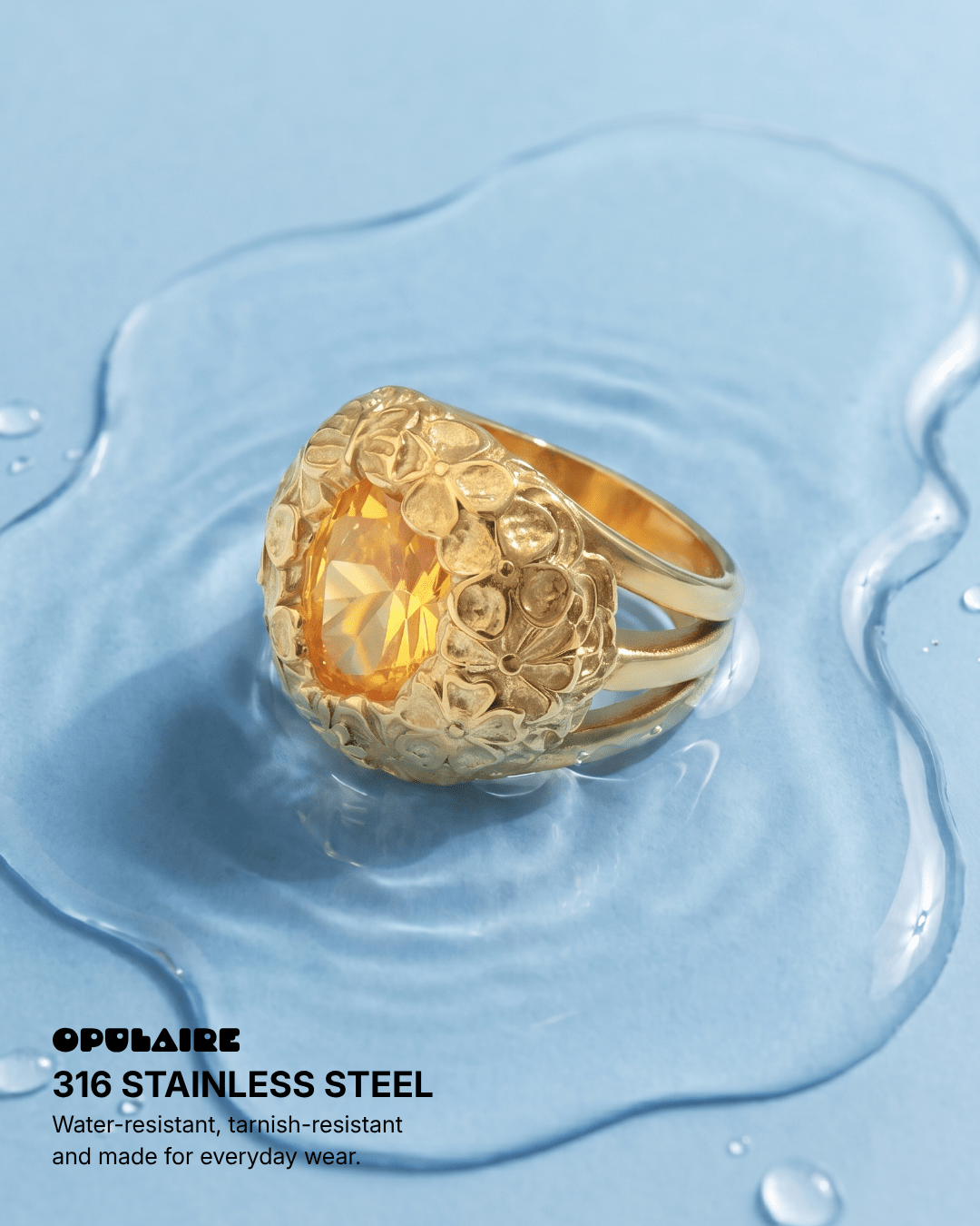 Rose - Floral cocktail ring - Stainless steel - Opulaire - WATERPROOF jewelry - EU 52 -