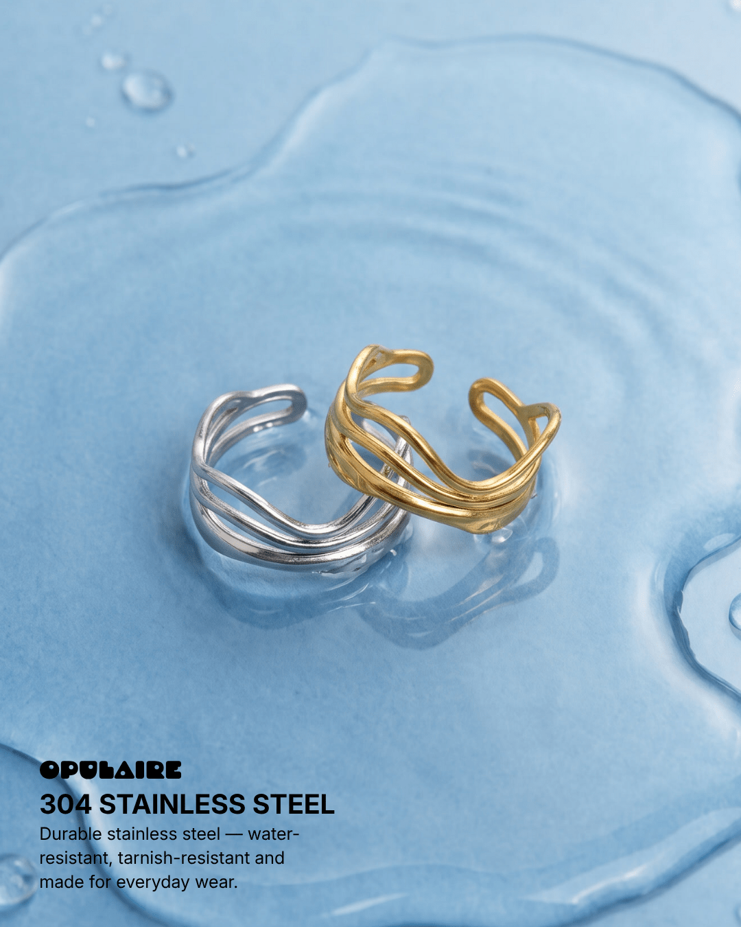 Voleno - Wavy multi-band ring - Stainless steel - Opulaire - WATERPROOF jewelry - Adjustable -